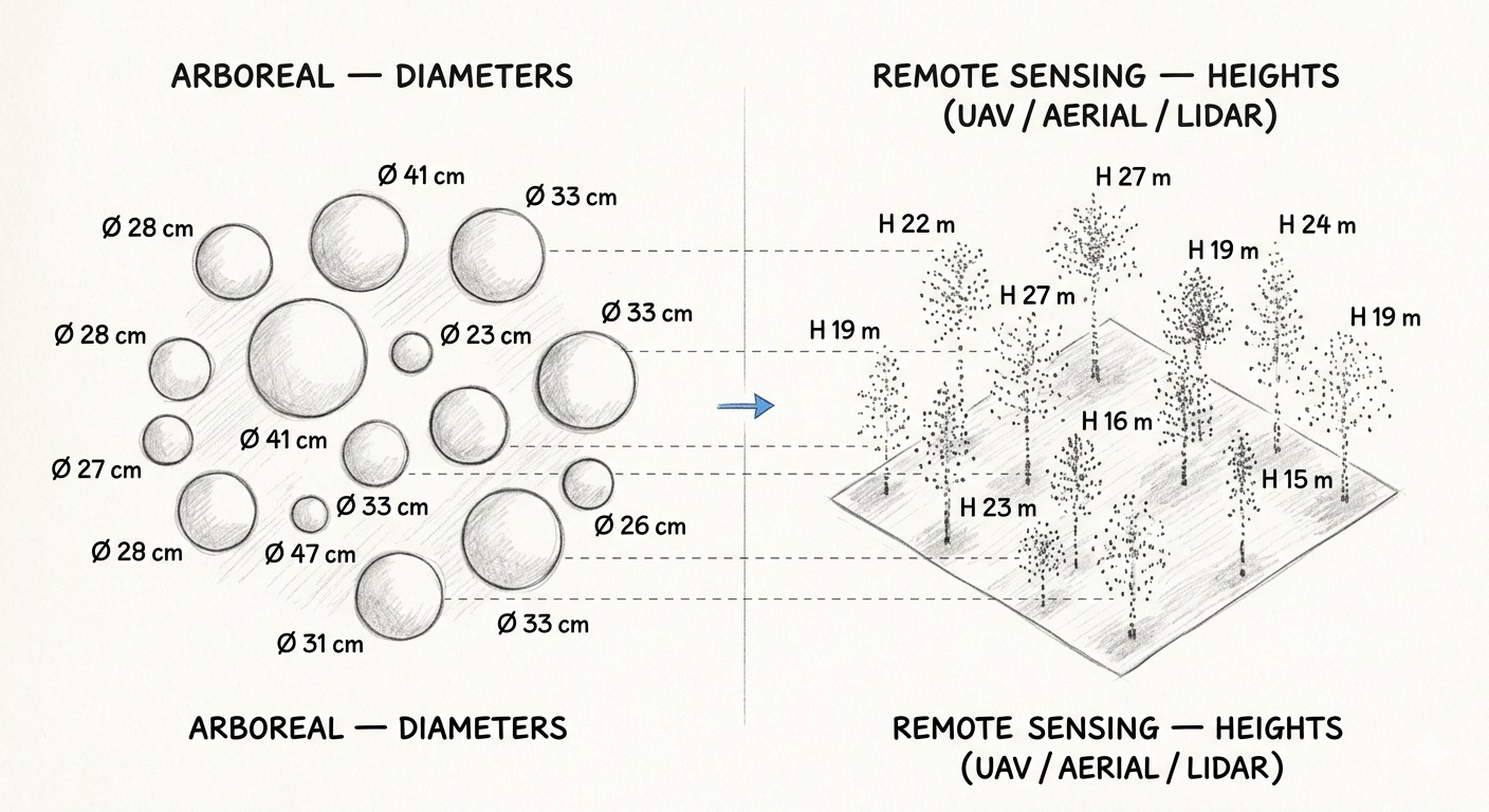 Arboreal plot with measured diameters alongside a LiDAR point cloud showing tree heights — matched tree-for-tree